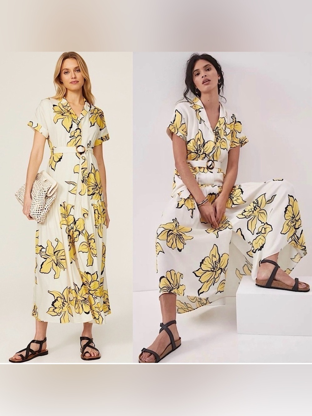 Slate & Willow - Anthropologie Yellow Floral Belted Midi Dress